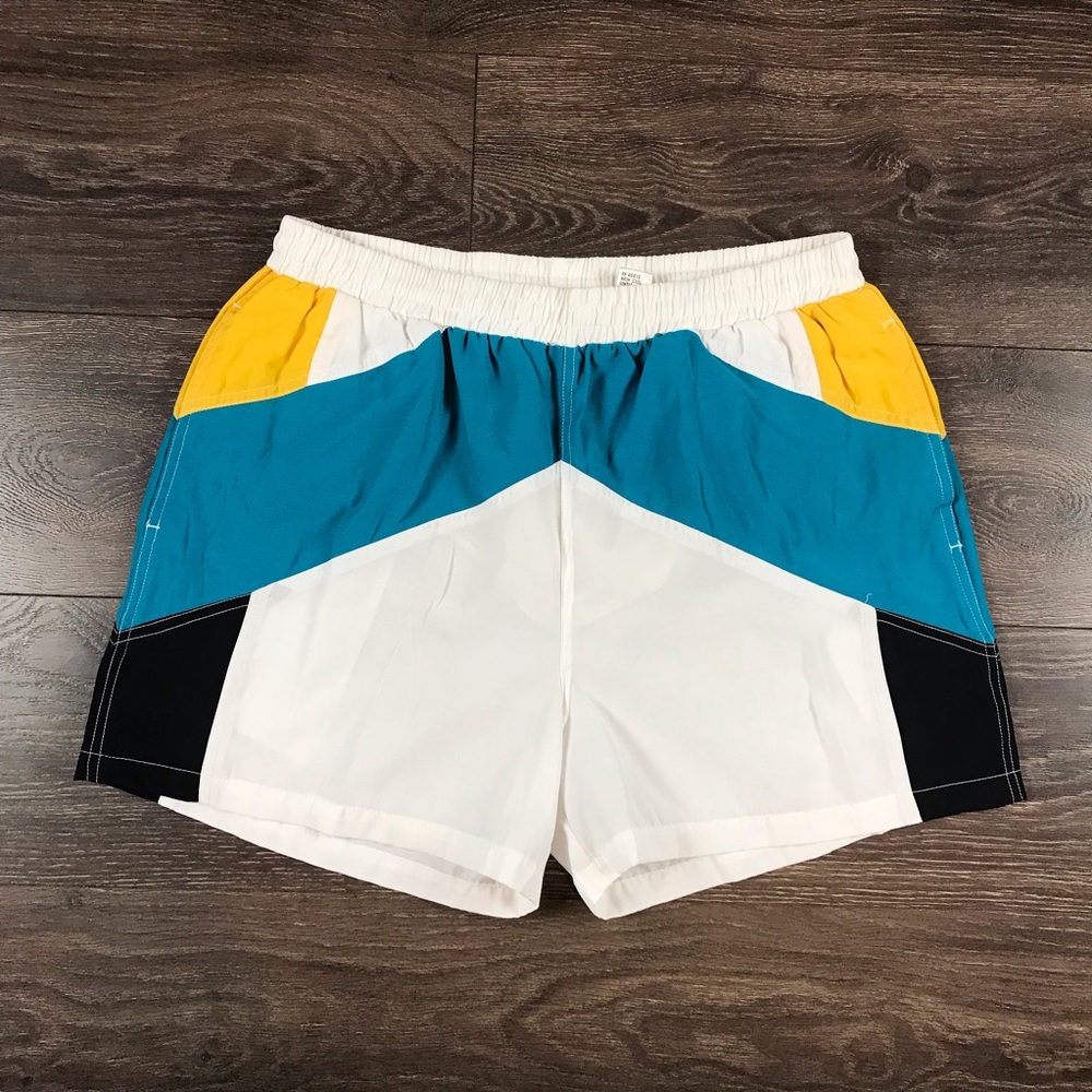 Allen Stewart Collection Men’s 90’s White Yellow Green Colorblock Swim Shorts XL